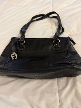 Etienne Aigner Black Leather Shoulder Bag with Silver Logo Charm